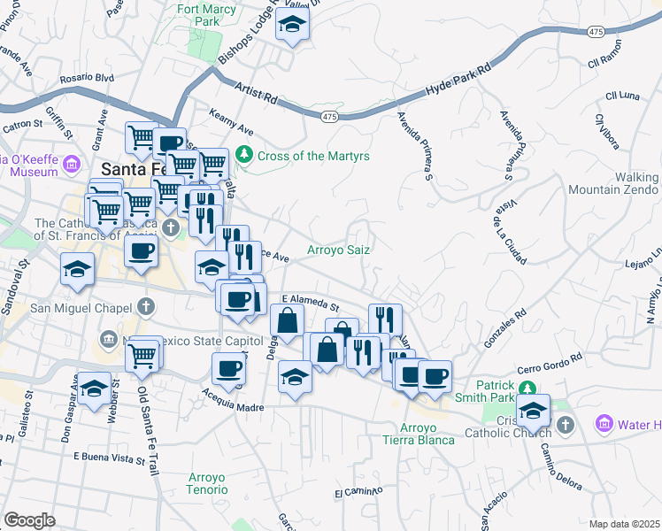 map of restaurants, bars, coffee shops, grocery stores, and more near 531 East Palace Avenue in Santa Fe