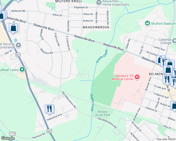 map of restaurants, bars, coffee shops, grocery stores, and more near 303 Larchmont Place in Salisbury