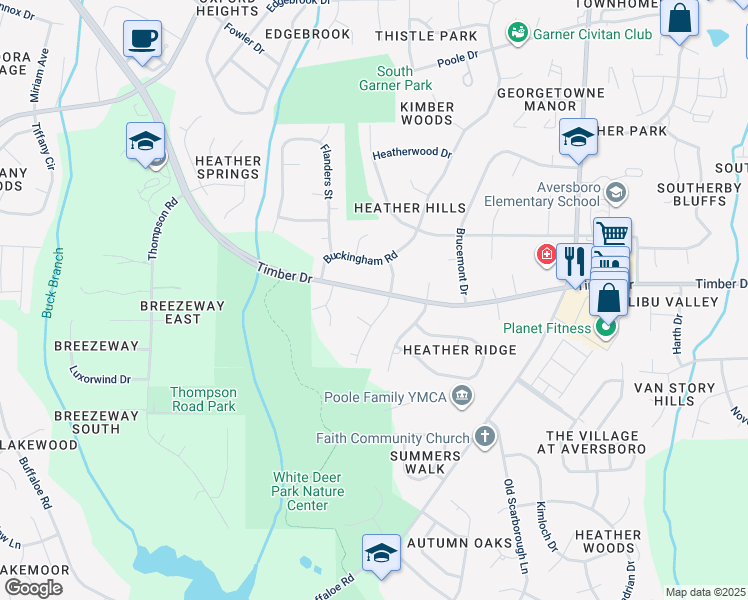 map of restaurants, bars, coffee shops, grocery stores, and more near 1303 Timber Drive in Garner