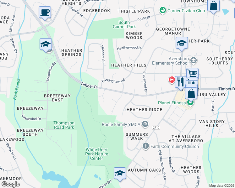 map of restaurants, bars, coffee shops, grocery stores, and more near 1303 Timber Drive in Garner
