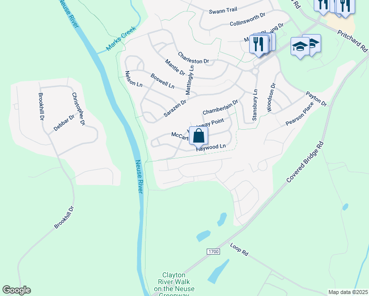 map of restaurants, bars, coffee shops, grocery stores, and more near 245 Haywood Lane in Clayton