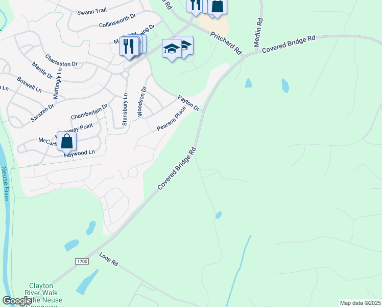 map of restaurants, bars, coffee shops, grocery stores, and more near Covered Bridge Road in Clayton