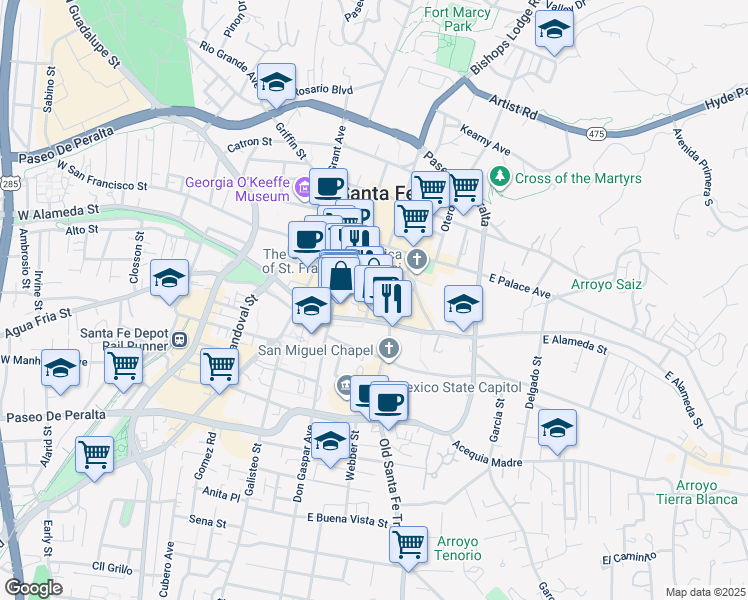 map of restaurants, bars, coffee shops, grocery stores, and more near 121 East Alameda Street in Santa Fe