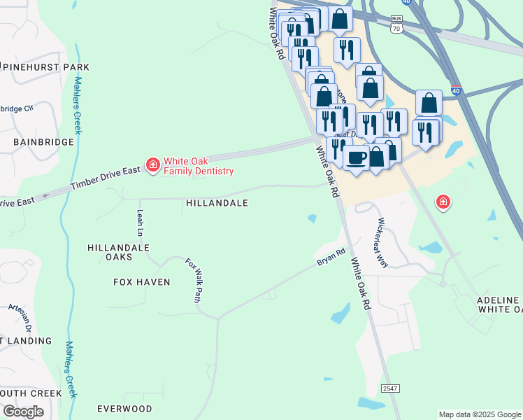map of restaurants, bars, coffee shops, grocery stores, and more near 722 Hillandale Lane in Garner