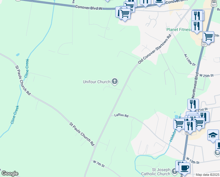 map of restaurants, bars, coffee shops, grocery stores, and more near 1567 Big Cedar Lane in Newton