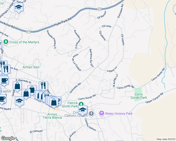 map of restaurants, bars, coffee shops, grocery stores, and more near 1389 Camino Corto in Santa Fe