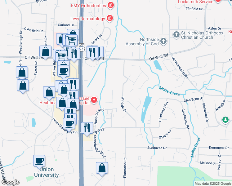 map of restaurants, bars, coffee shops, grocery stores, and more near 108 Physicians Drive in Jackson