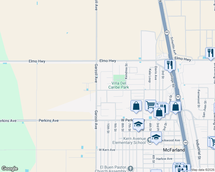 map of restaurants, bars, coffee shops, grocery stores, and more near 917 Lima Court in McFarland