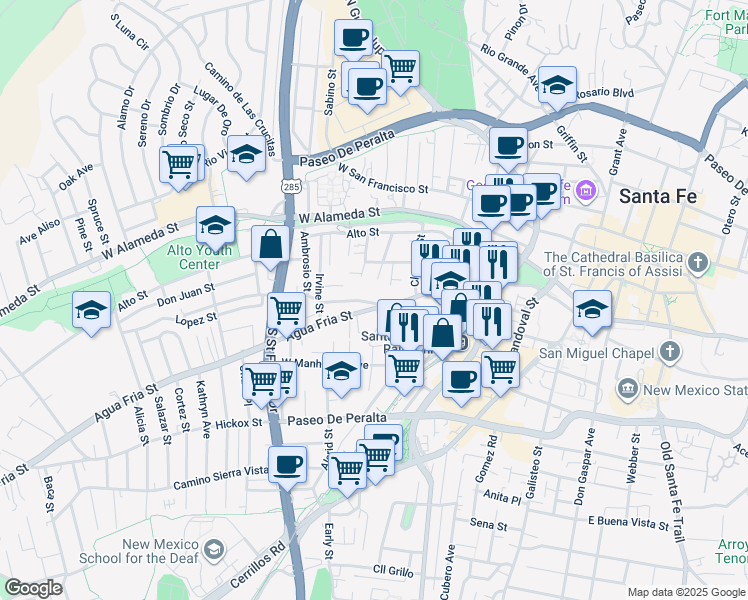 map of restaurants, bars, coffee shops, grocery stores, and more near 246 Maynard Street in Santa Fe