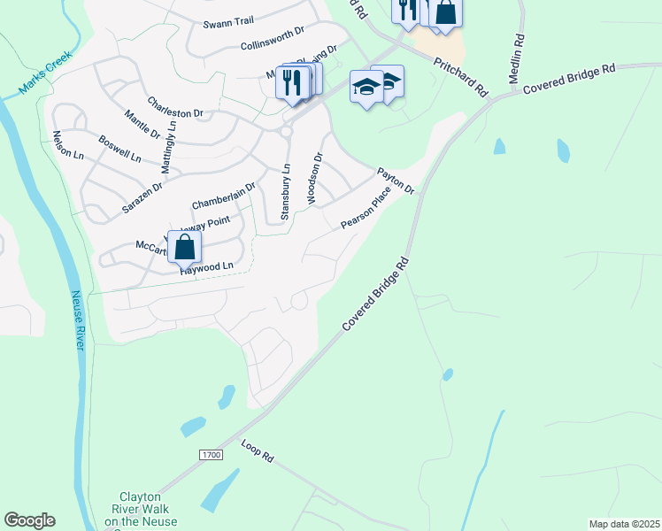 map of restaurants, bars, coffee shops, grocery stores, and more near 129 Hansen Run in Clayton