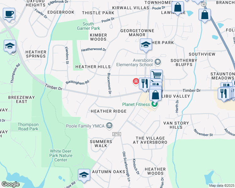 map of restaurants, bars, coffee shops, grocery stores, and more near 1000 Timber Drive in Garner