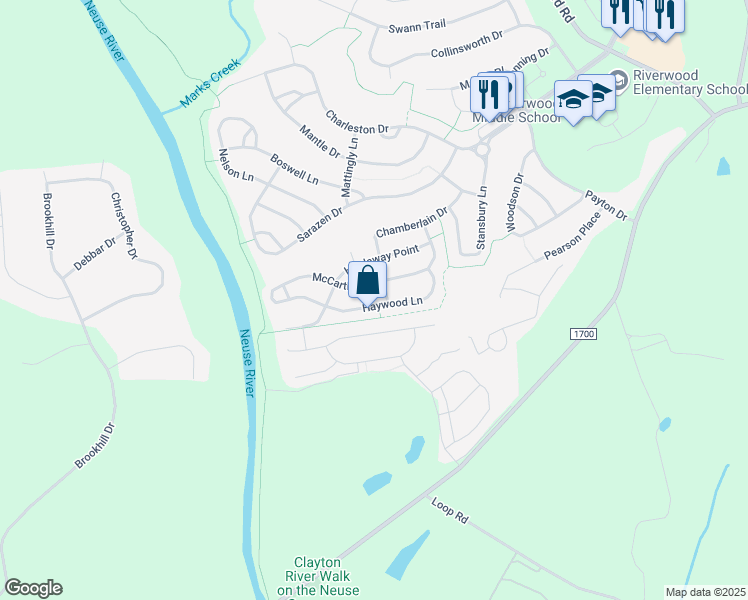 map of restaurants, bars, coffee shops, grocery stores, and more near 209 Haywood Lane in Clayton