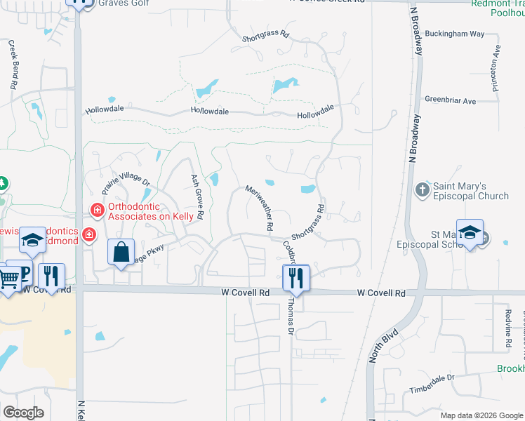 map of restaurants, bars, coffee shops, grocery stores, and more near 3116 Meriweather Road in Edmond