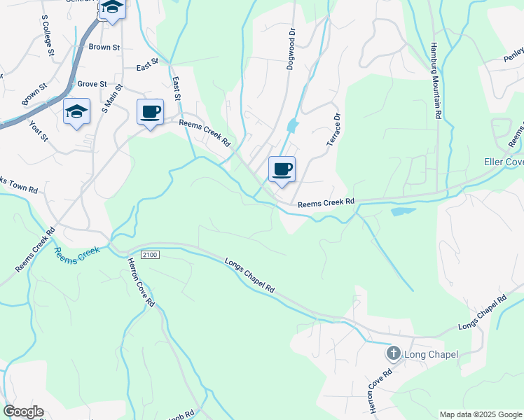 map of restaurants, bars, coffee shops, grocery stores, and more near 3 Ridgeway Drive in Weaverville