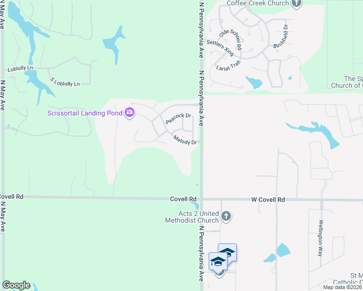 map of restaurants, bars, coffee shops, grocery stores, and more near 2175 Melody Drive in Edmond