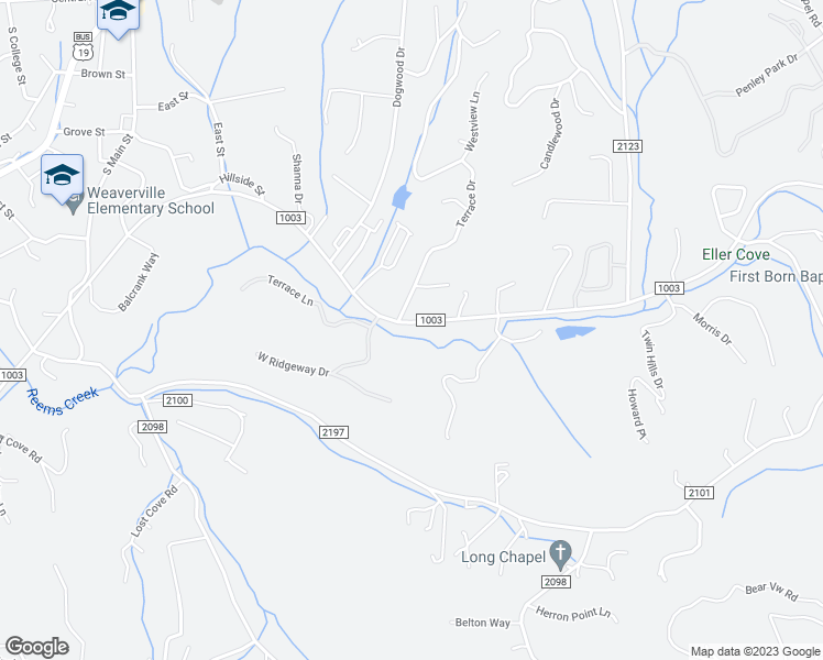 map of restaurants, bars, coffee shops, grocery stores, and more near Reems Creek Road in Weaverville