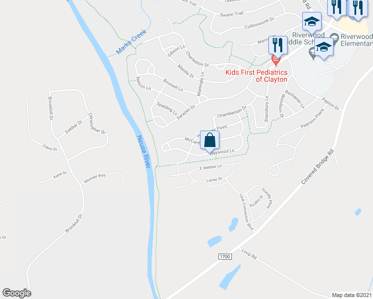 map of restaurants, bars, coffee shops, grocery stores, and more near 317 Hardaway Point in Clayton