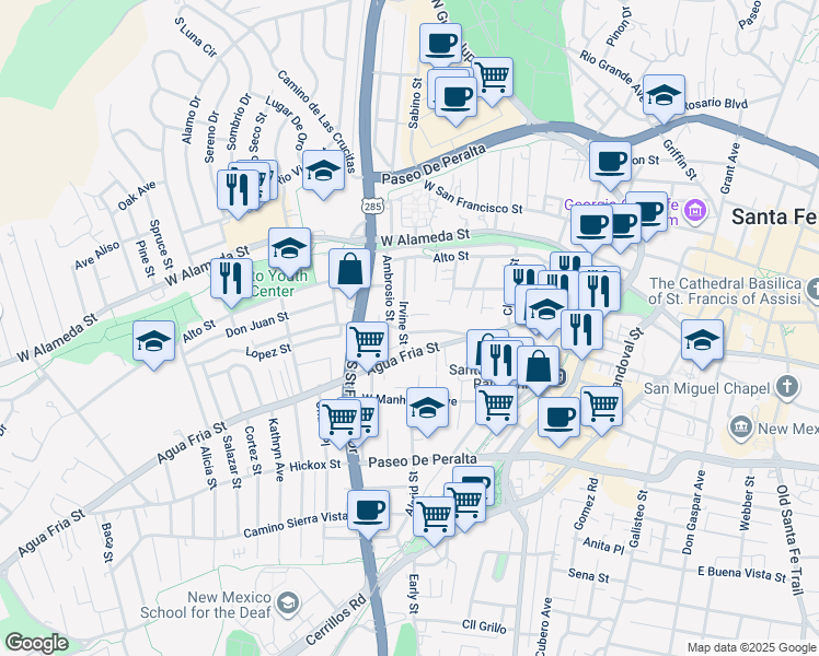 map of restaurants, bars, coffee shops, grocery stores, and more near 241 Irvine Street in Santa Fe