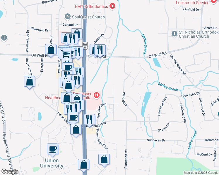 map of restaurants, bars, coffee shops, grocery stores, and more near 139 Physicians Drive in Jackson
