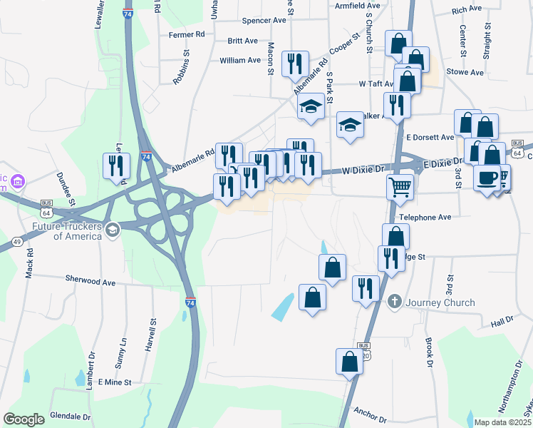 map of restaurants, bars, coffee shops, grocery stores, and more near 1510 Fairway Road in Asheboro