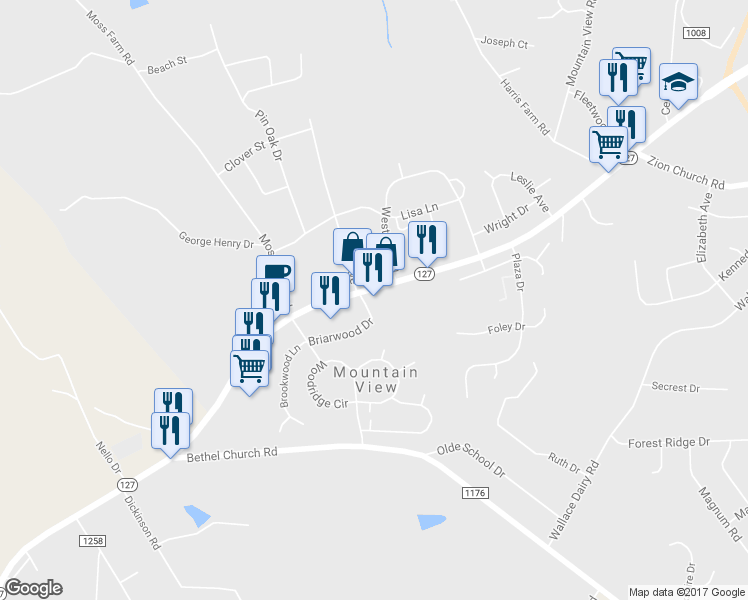 map of restaurants, bars, coffee shops, grocery stores, and more near 3020 South Highway 127 in Hickory