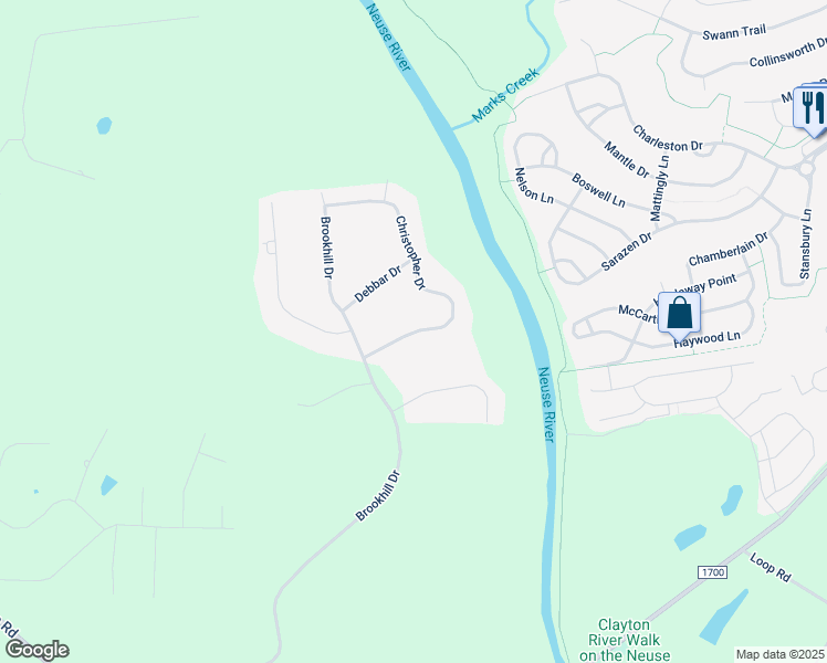map of restaurants, bars, coffee shops, grocery stores, and more near 117 Christopher Drive in Clayton