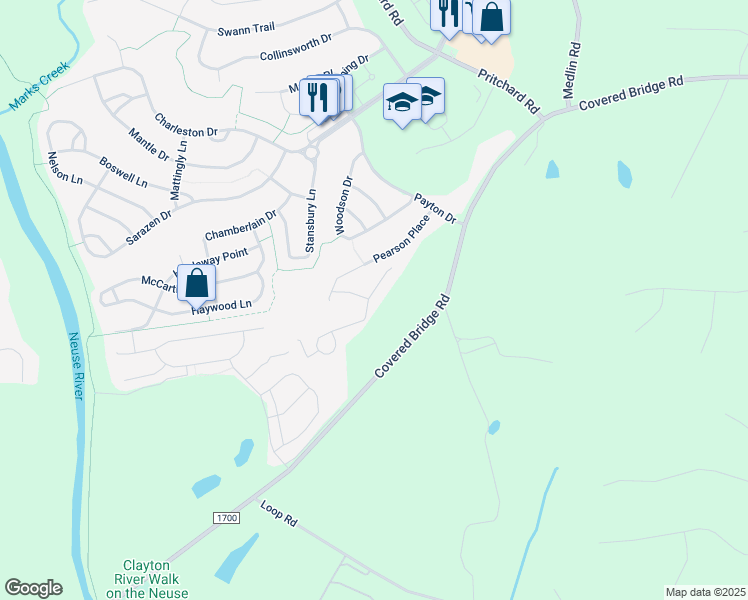 map of restaurants, bars, coffee shops, grocery stores, and more near 101 North Kramer Path in Clayton