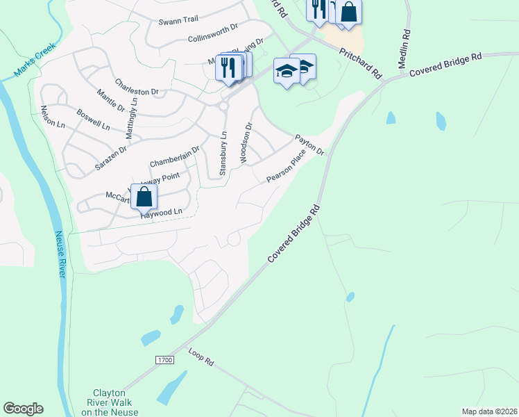 map of restaurants, bars, coffee shops, grocery stores, and more near 129 Hansen Run in Clayton
