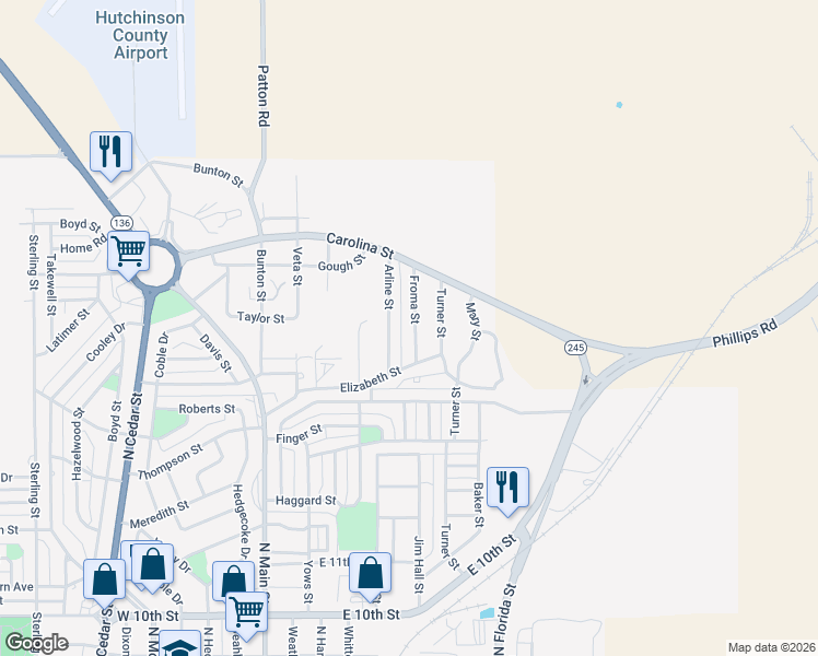 map of restaurants, bars, coffee shops, grocery stores, and more near 114-128 Froma Street in Borger