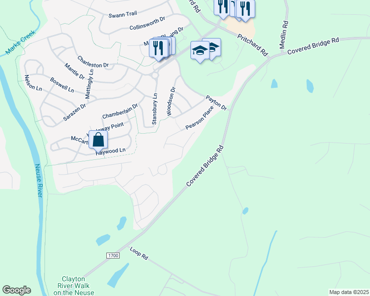 map of restaurants, bars, coffee shops, grocery stores, and more near 101 North Kramer Path in Clayton