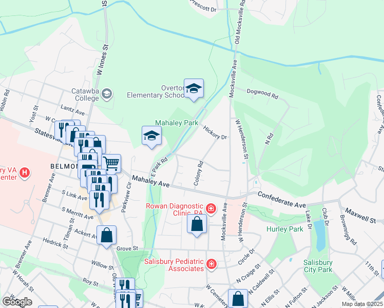 map of restaurants, bars, coffee shops, grocery stores, and more near 528 Catawba Road in Salisbury