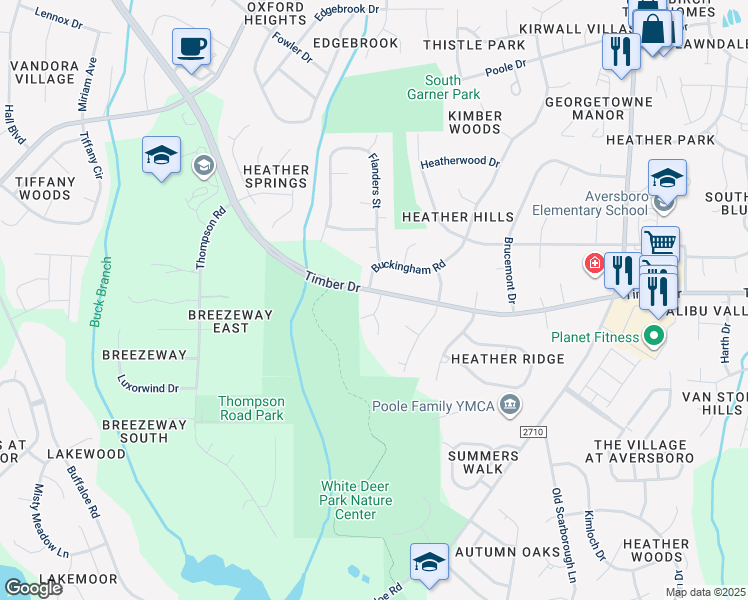 map of restaurants, bars, coffee shops, grocery stores, and more near 1401 Timber Drive in Garner