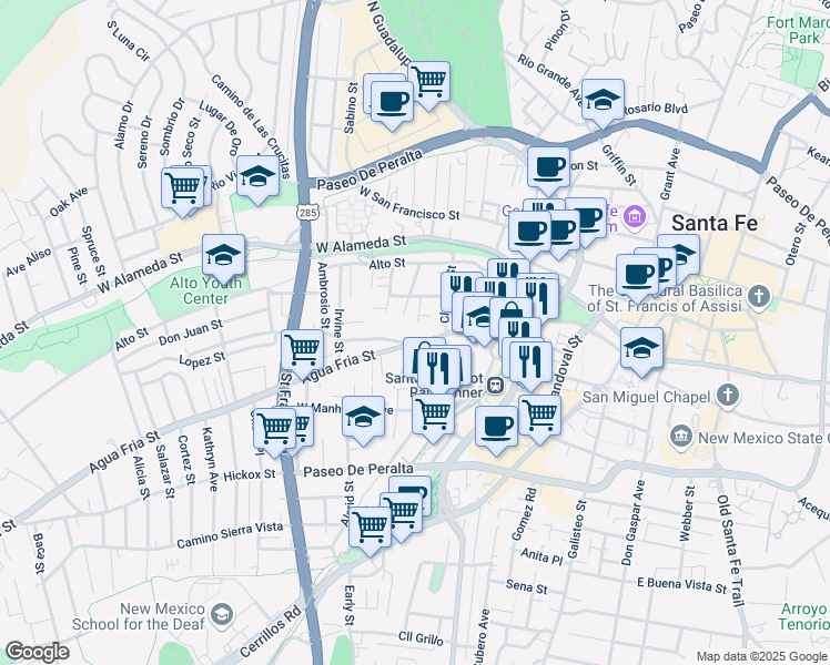 map of restaurants, bars, coffee shops, grocery stores, and more near 245/247 Casados Street in Santa Fe