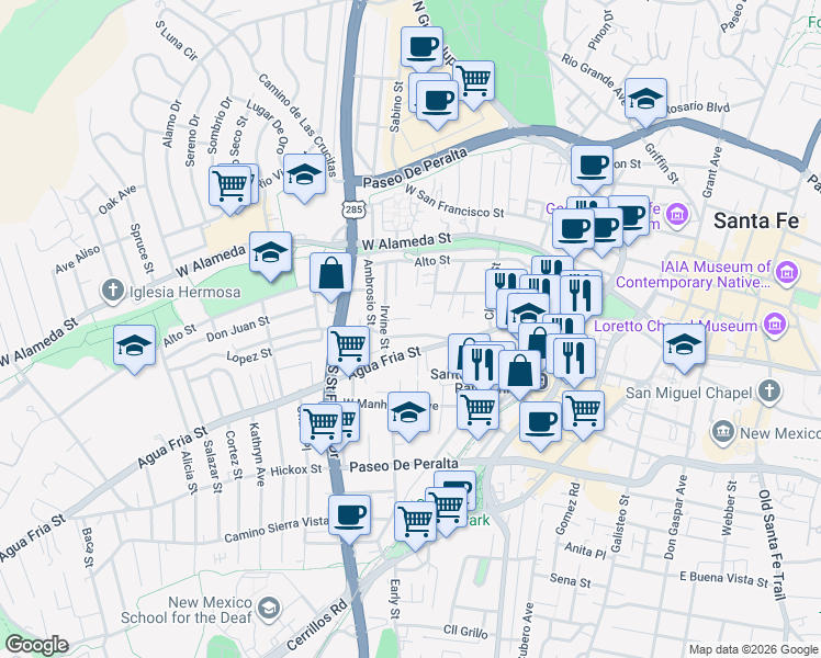 map of restaurants, bars, coffee shops, grocery stores, and more near 246 Maynard Street in Santa Fe