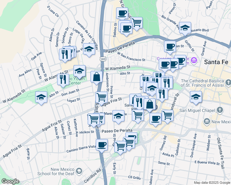 map of restaurants, bars, coffee shops, grocery stores, and more near 241 Irvine Street in Santa Fe