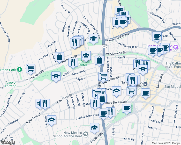 map of restaurants, bars, coffee shops, grocery stores, and more near 917 Don Juan Street in Santa Fe