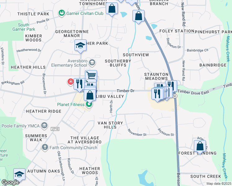 map of restaurants, bars, coffee shops, grocery stores, and more near 606 Hobson Wood Court in Garner