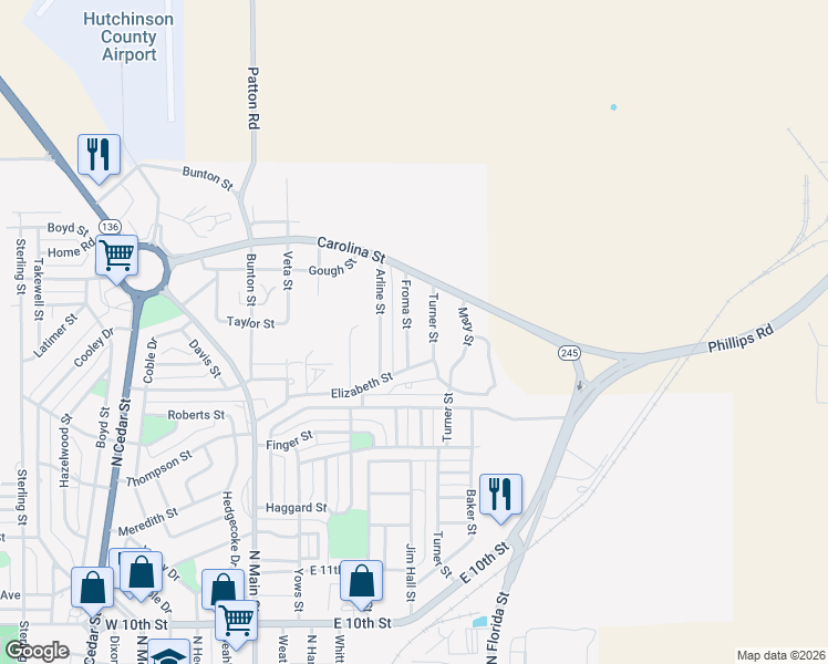 map of restaurants, bars, coffee shops, grocery stores, and more near 114 Froma Street in Borger