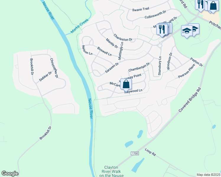 map of restaurants, bars, coffee shops, grocery stores, and more near 724 McCarthy Drive in Clayton