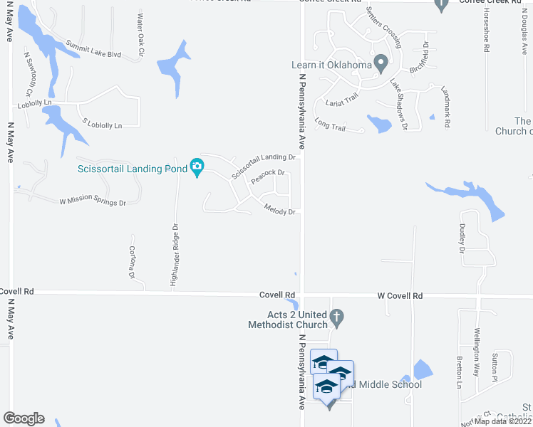map of restaurants, bars, coffee shops, grocery stores, and more near 2194 Melody Drive in Edmond