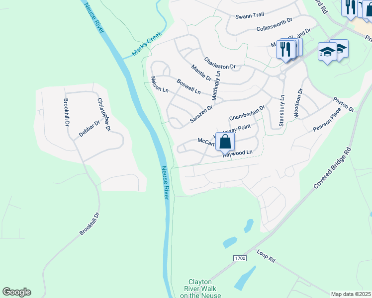map of restaurants, bars, coffee shops, grocery stores, and more near in Clayton