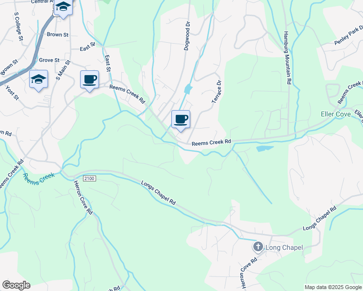 map of restaurants, bars, coffee shops, grocery stores, and more near 235 Reems Creek Road in Weaverville
