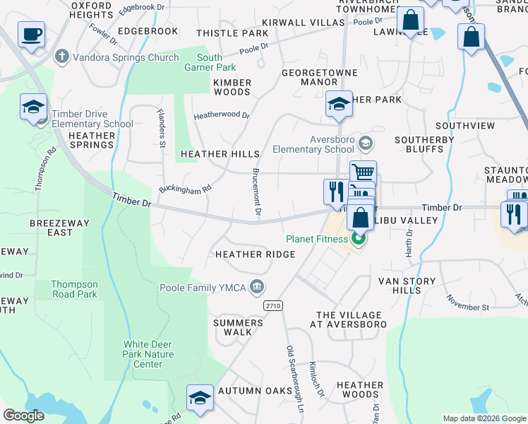 map of restaurants, bars, coffee shops, grocery stores, and more near 105 Castill Place in Garner