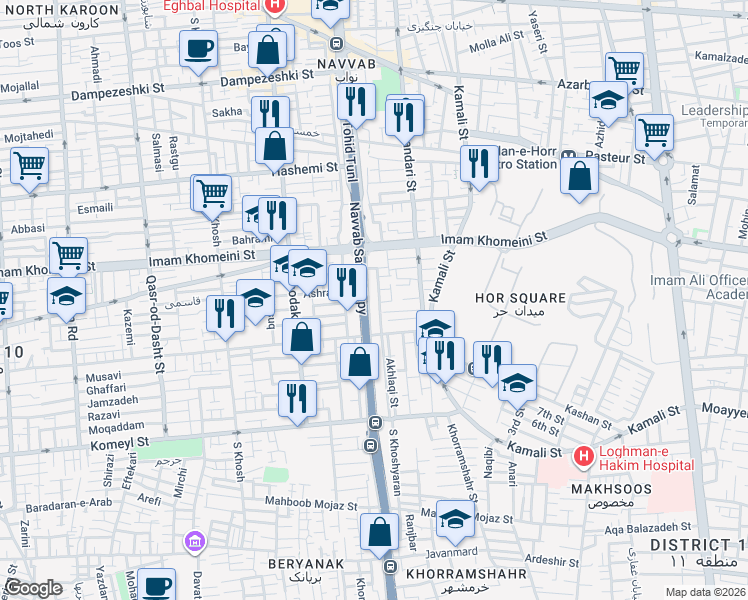 map of restaurants, bars, coffee shops, grocery stores, and more near Navvab Expressway in Tehran