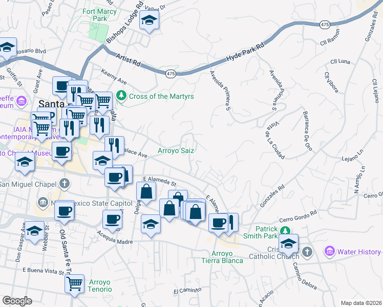 map of restaurants, bars, coffee shops, grocery stores, and more near 229 1/2 Rodriguez Street in Santa Fe