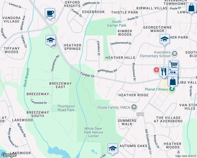 map of restaurants, bars, coffee shops, grocery stores, and more near 1401 Timber Drive in Garner