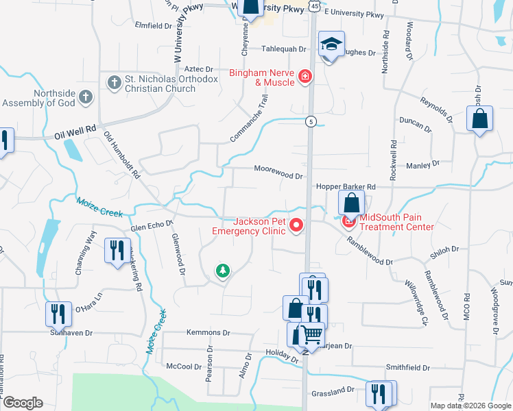 map of restaurants, bars, coffee shops, grocery stores, and more near 38 Countrywood Cove in Jackson