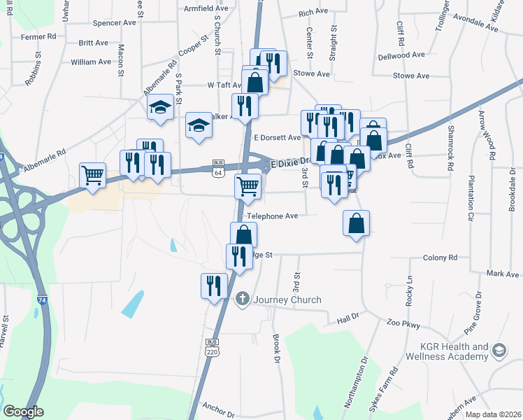 map of restaurants, bars, coffee shops, grocery stores, and more near 1502 1st Street in Asheboro
