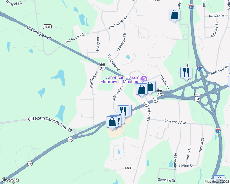 map of restaurants, bars, coffee shops, grocery stores, and more near 182 Oak Leaf Road in Asheboro