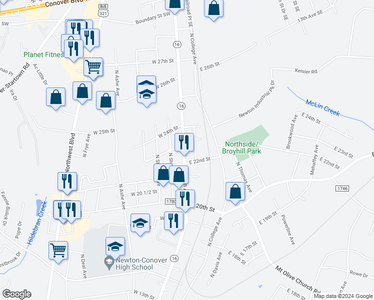 map of restaurants, bars, coffee shops, grocery stores, and more near 2227 North Main Avenue in Hickory